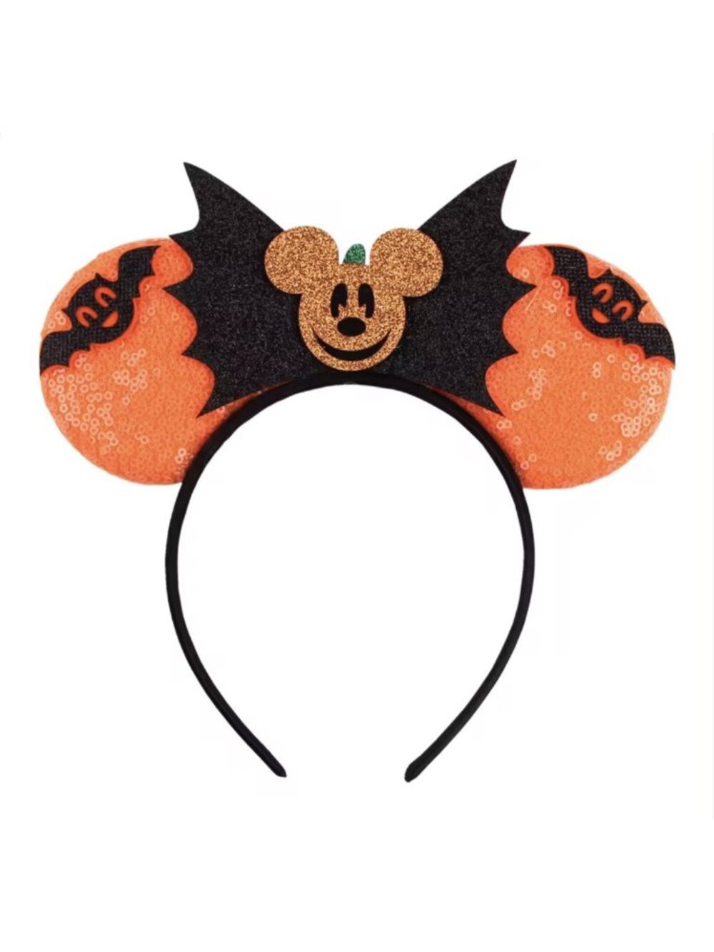 Disney Black/Orange HALLOWEEN BATS MICKEY MOUSE EARS Glittery Sequined Headband